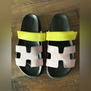 Hermes Chypre Silk Sandals Violet Petale/Vert Lime Size 38